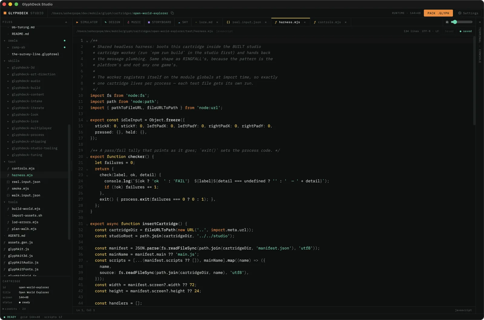 The Studio's code editor with a cartridge test harness open