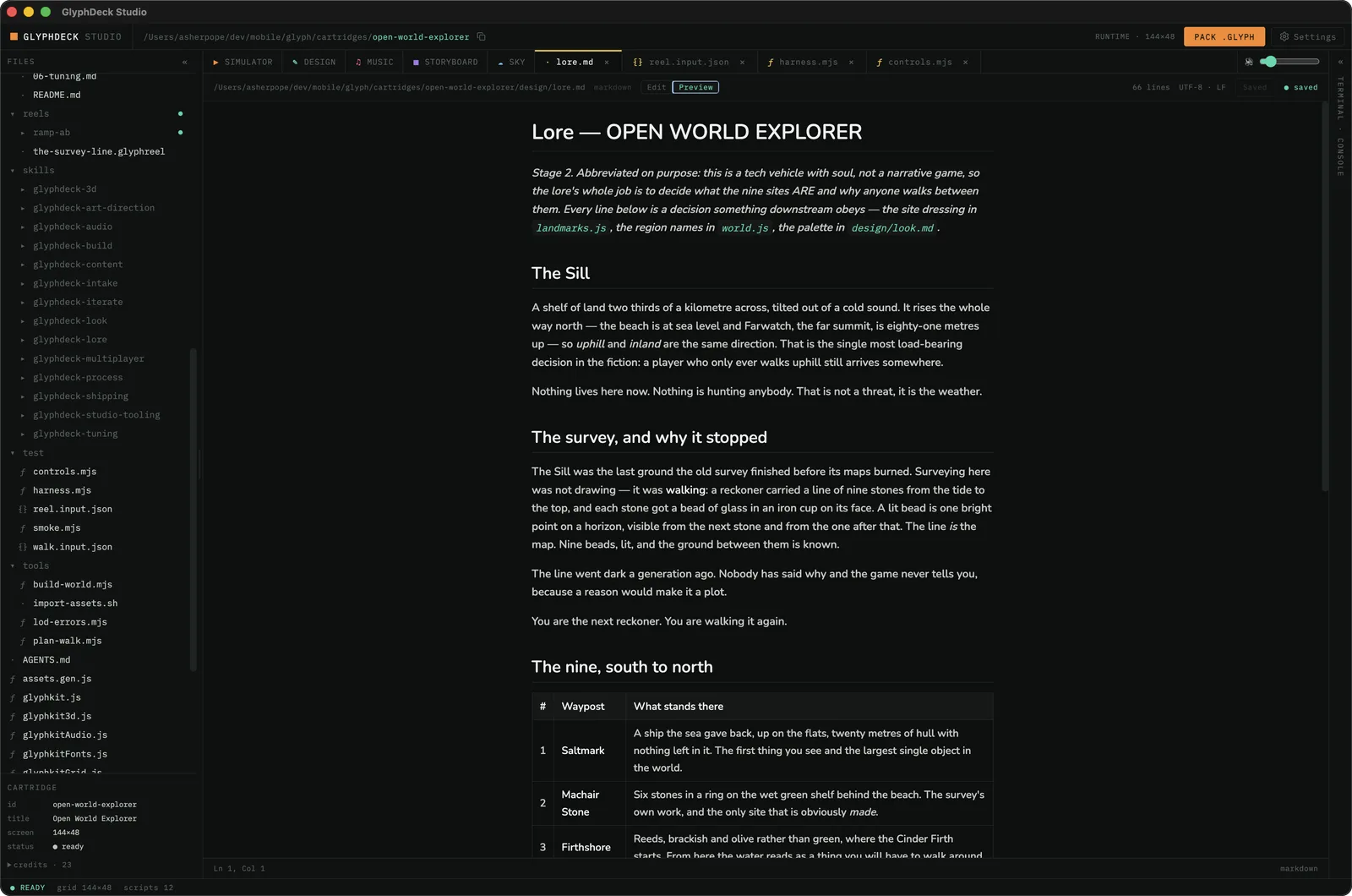 The Studio previewing a cartridge's lore document in Markdown