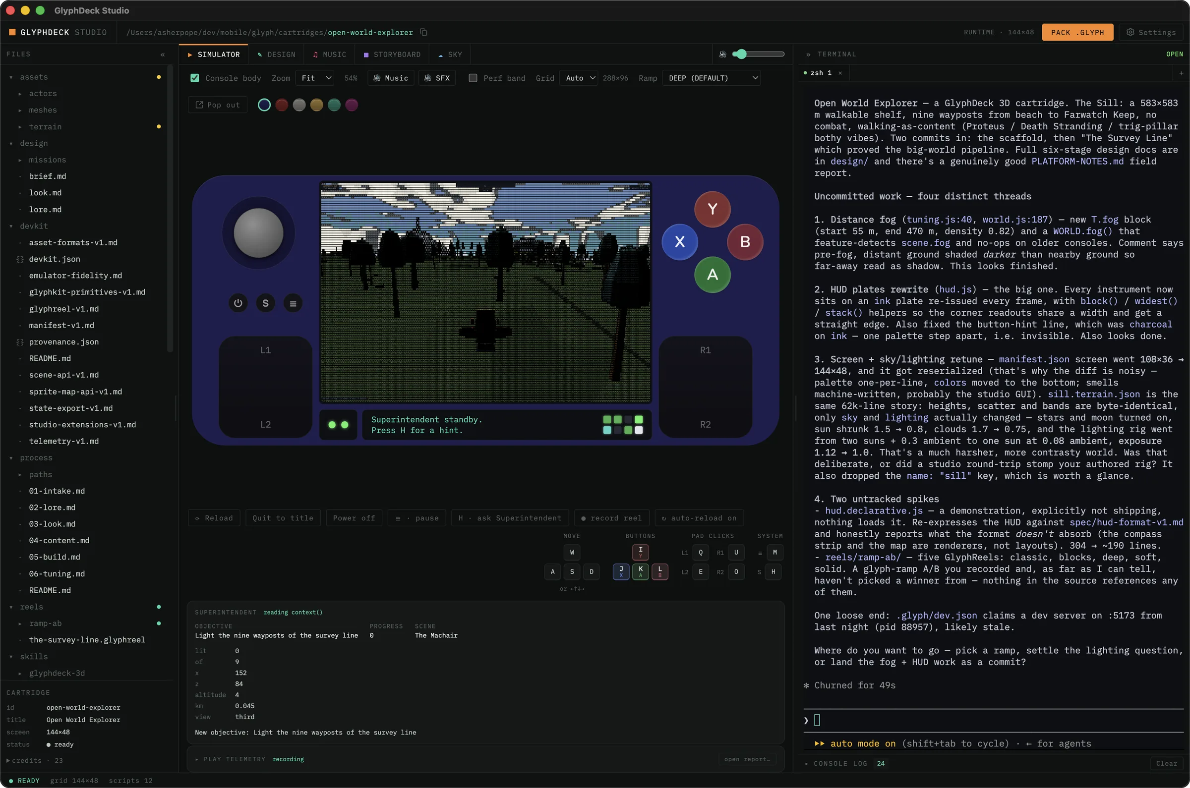 GlyphDeck Studio running a cartridge in the simulator, with a terminal open beside it